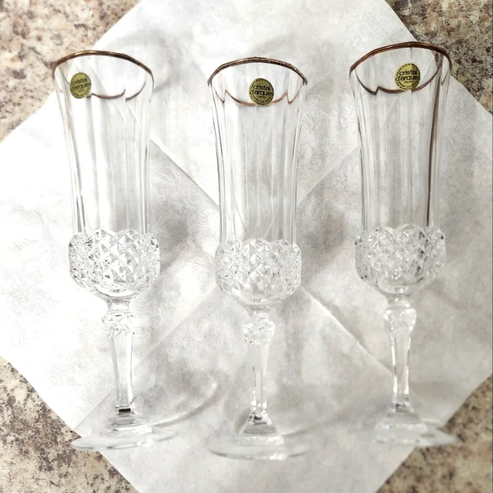 Cristal D'Arques Champagne Flutes with‎ Gold Rim set of 3